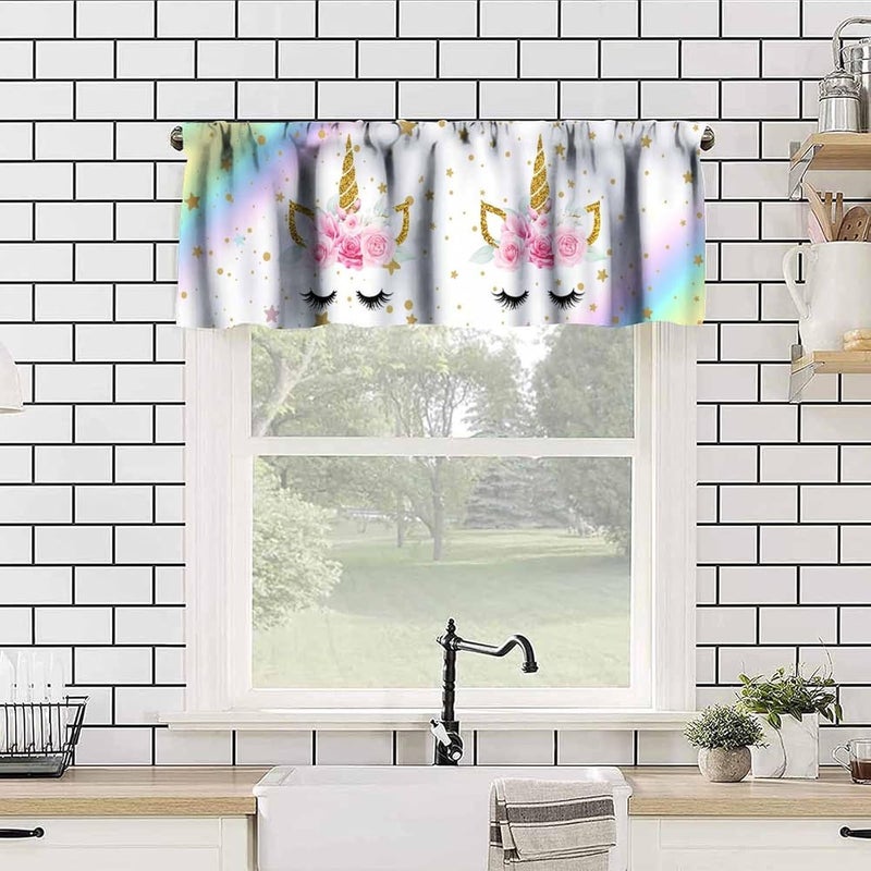 AAVEUP Unicorn Girls Valance Curtain Cartoon Ombre Rainbow Dream Pink Gold Princess Unicorn Stars Colorful Cake Window Treatment Valances Curtains for Kids Nursery Bedroom Living Room 54x18In - Image 2